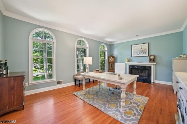 4 Knollwood Ter, Chester Twp, NJ 07930 - office area with a premium fireplace, wood finished floors, and ornamental molding