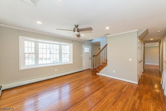 9 Hilary Ct, Vernon Twp, NJ 07460 - unfurnished living room featuring a baseboard heating unit, crown molding, light wood-style flooring, ceiling fan, and stairs