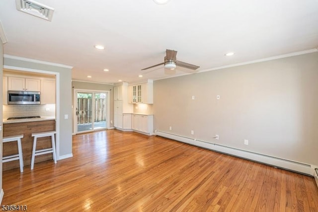 9 Hilary Ct, Vernon Twp, NJ 07460 - unfurnished living room featuring ornamental molding, light wood-style floors, a baseboard heating unit, recessed lighting, and a ceiling fan