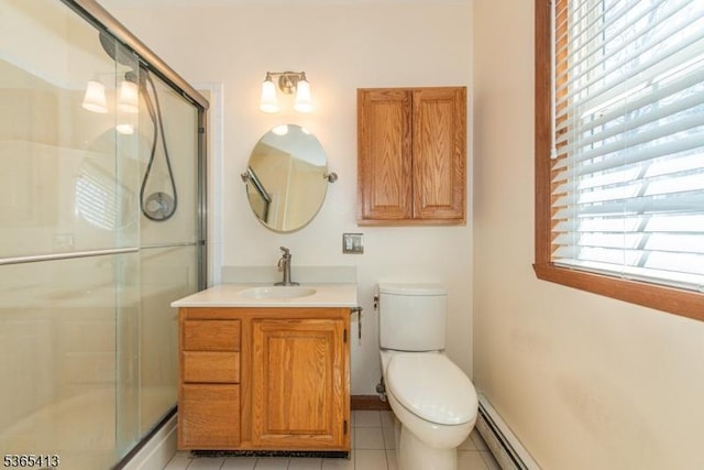 9 Hilary Ct, Vernon Twp, NJ 07460 - bathroom with a stall shower, vanity, tile patterned floors, and a baseboard heating unit
