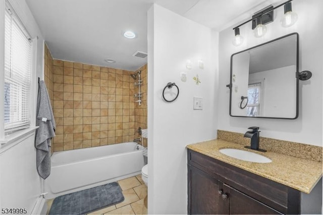 699 Riverview Dr, Totowa Boro, NJ 07512 - bathroom featuring vanity, shower / bathtub combination, tile patterned flooring, and recessed lighting