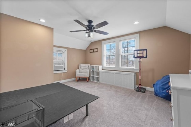699 Riverview Dr, Totowa Boro, NJ 07512 - sitting room with lofted ceiling, ceiling fan, recessed lighting, carpet floors, and cooling unit