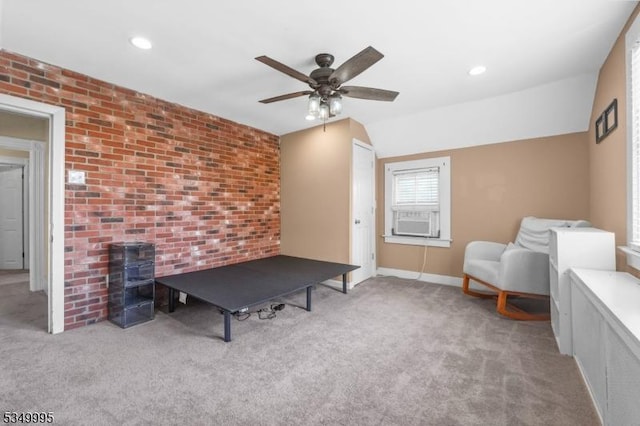 699 Riverview Dr, Totowa Boro, NJ 07512 - sitting room with a ceiling fan, cooling unit, carpet, recessed lighting, and brick wall