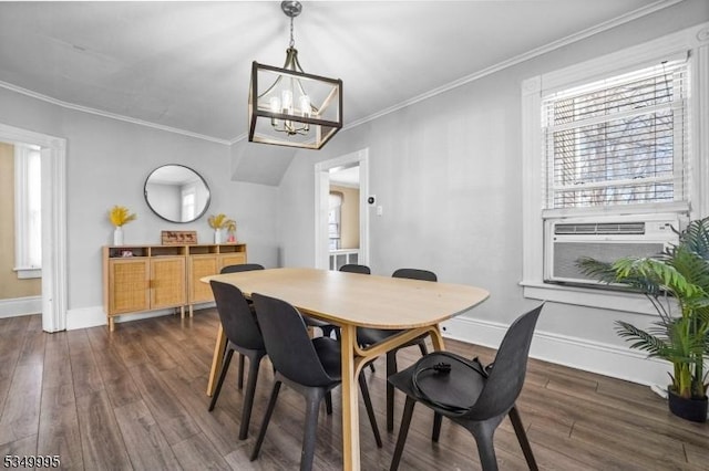 699 Riverview Dr, Totowa Boro, NJ 07512 - dining area featuring dark wood-type flooring, a chandelier, crown molding, and cooling unit