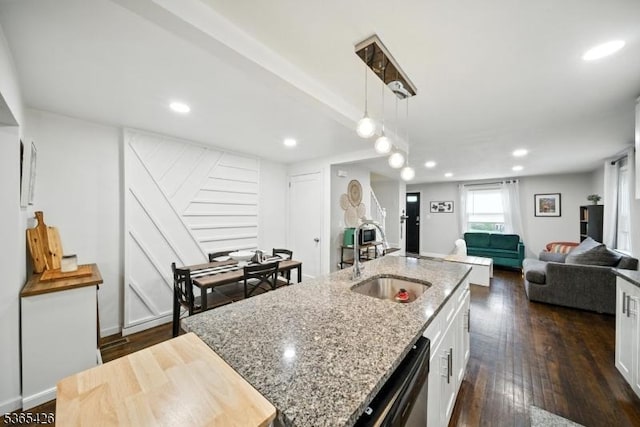 356 Raleigh Rd, Rahway City, NJ 07065 - kitchen featuring dishwasher, open floor plan, white cabinetry, hanging light fixtures, and recessed lighting
