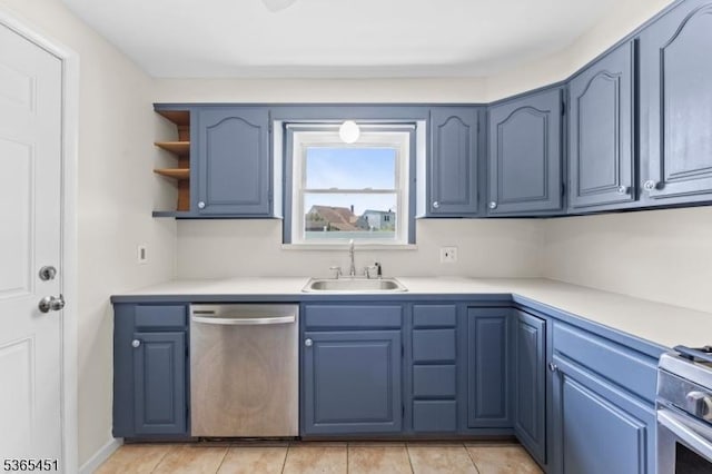 587 Jesse Pl, Union Twp, NJ 07083 - kitchen featuring appliances with stainless steel finishes, blue cabinetry, open shelves, and light countertops
