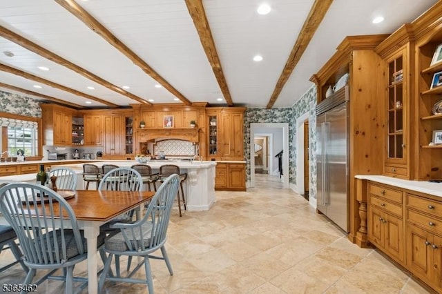 119 Mosle Rd, Mendham Twp, NJ 07945 - dining space featuring beam ceiling, recessed lighting, and wallpapered walls