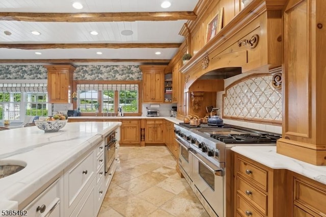 119 Mosle Rd, Mendham Twp, NJ 07945 - kitchen with double oven range, tasteful backsplash, beam ceiling, recessed lighting, and light stone finish floors