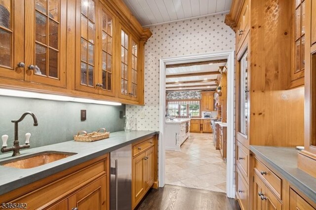 119 Mosle Rd, Mendham Twp, NJ 07945 - bar with wallpapered walls, fridge, wood ceiling, and wood finished floors