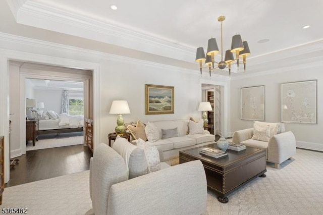 119 Mosle Rd, Mendham Twp, NJ 07945 - living room featuring a chandelier, ornamental molding, a raised ceiling, wood finished floors, and recessed lighting