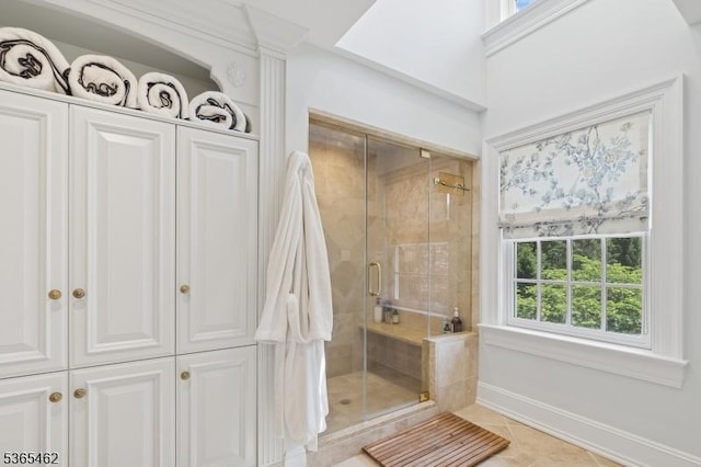 119 Mosle Rd, Mendham Twp, NJ 07945 - bathroom featuring a stall shower, tile patterned floors, and a closet