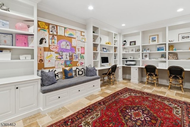 119 Mosle Rd, Mendham Twp, NJ 07945 - home office with built in study area, stone tile floors, ornamental molding, built in features, and recessed lighting