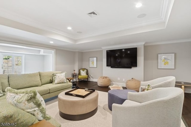 119 Mosle Rd, Mendham Twp, NJ 07945 - living area featuring a raised ceiling, recessed lighting, wood finished floors, and crown molding