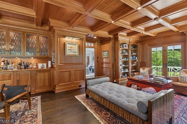 119 Mosle Rd, Mendham Twp, NJ 07945 - living area with a wood ceiling with exposed beams, ornamental molding, wood walls, dark wood-style flooring, and coffered ceiling
