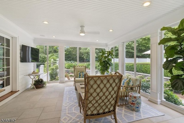 119 Mosle Rd, Mendham Twp, NJ 07945 - sunroom / solarium featuring crown molding, stone tile flooring, and recessed lighting