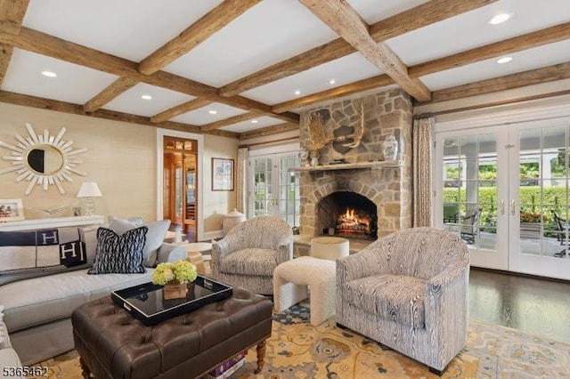 119 Mosle Rd, Mendham Twp, NJ 07945 - living room featuring french doors, coffered ceiling, recessed lighting, wood finished floors, and beam ceiling