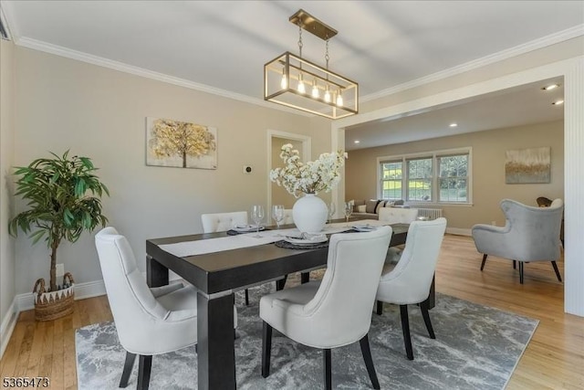 162 N Maple Ave, Bernards Twp, NJ 07920 - dining room featuring wood finished floors, ornamental molding, a chandelier, and recessed lighting