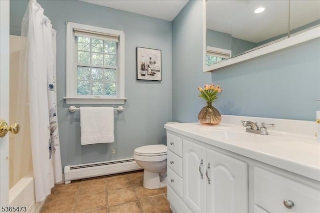 162 N Maple Ave, Bernards Twp, NJ 07920 - bathroom with a baseboard radiator, vanity, tile patterned flooring, shower / tub combo with curtain, and recessed lighting