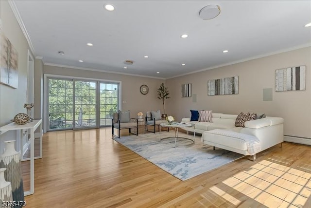 162 N Maple Ave, Bernards Twp, NJ 07920 - living room with crown molding, wood finished floors, recessed lighting, and a baseboard radiator