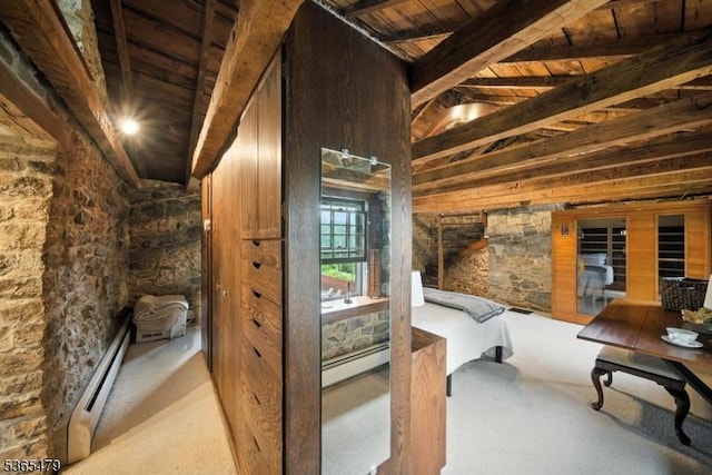 182 Musconetcong River Rd, Lebanon Twp, NJ 07882 - bedroom with a baseboard radiator, carpet flooring, wooden ceiling, and wood walls