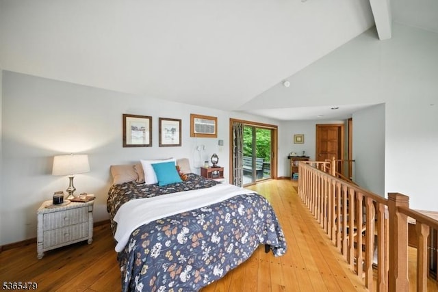 182 Musconetcong River Rd, Lebanon Twp, NJ 07882 - bedroom featuring access to exterior, hardwood / wood-style floors, beamed ceiling, and high vaulted ceiling
