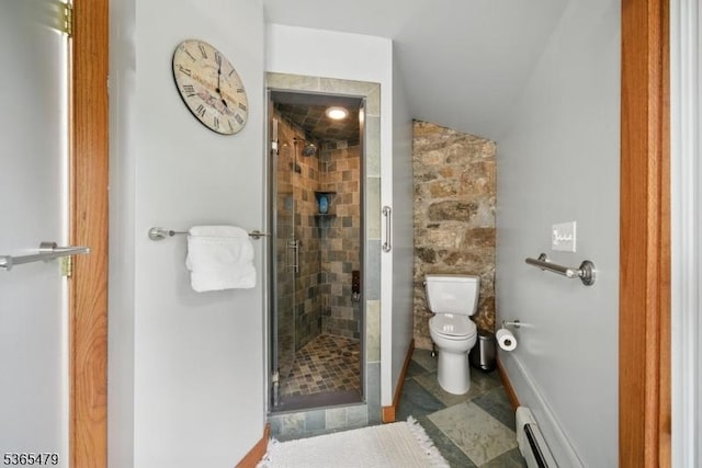 182 Musconetcong River Rd, Lebanon Twp, NJ 07882 - bathroom featuring baseboard heating, a shower stall, and vaulted ceiling