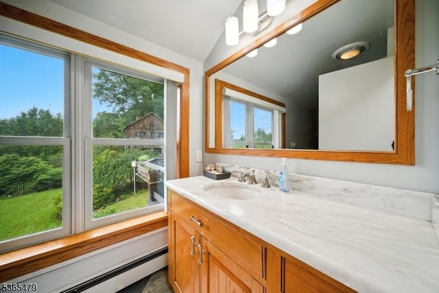 182 Musconetcong River Rd, Lebanon Twp, NJ 07882 - bathroom featuring baseboard heating, plenty of natural light, vanity, and lofted ceiling