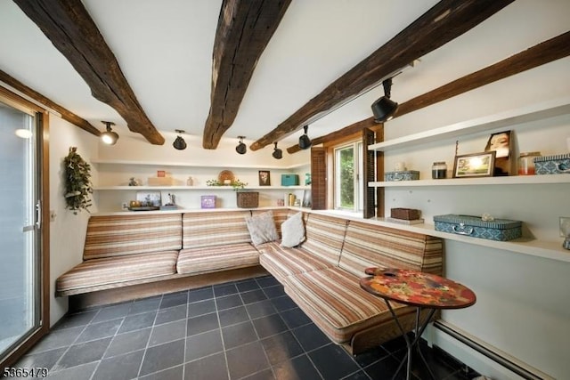 182 Musconetcong River Rd, Lebanon Twp, NJ 07882 - dining area featuring a baseboard radiator, dark tile patterned flooring, and beam ceiling