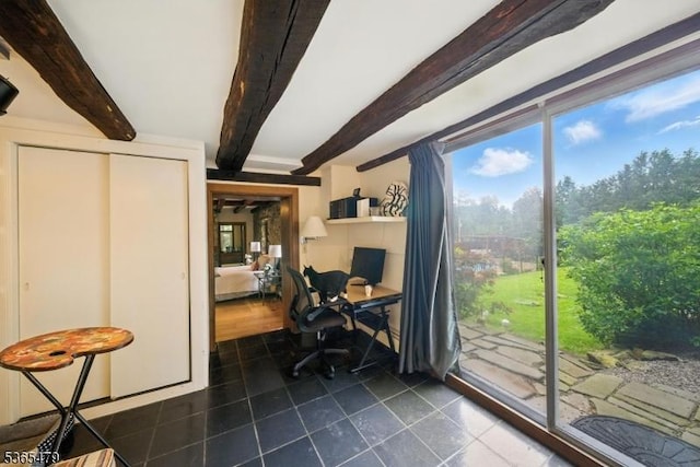 182 Musconetcong River Rd, Lebanon Twp, NJ 07882 - home office with dark tile patterned floors, healthy amount of natural light, and beam ceiling