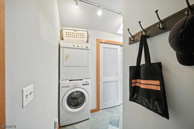 182 Musconetcong River Rd, Lebanon Twp, NJ 07882 - laundry area with estacked washer and dryer and track lighting