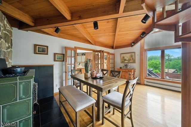 182 Musconetcong River Rd, Lebanon Twp, NJ 07882 - dining room with baseboard heating, a wooden ceiling with exposed beams, french doors, and wood finished floors