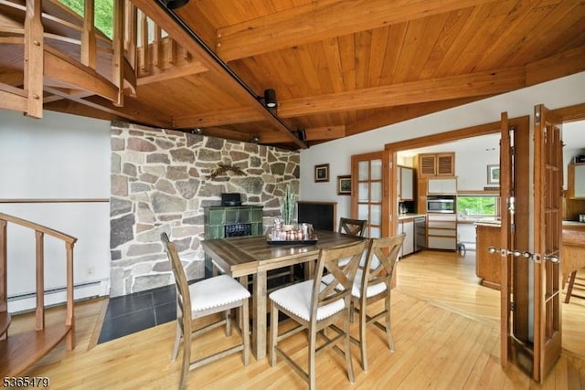 182 Musconetcong River Rd, Lebanon Twp, NJ 07882 - dining room with a baseboard heating unit, light wood finished floors, a wooden ceiling with exposed beams, and stairs