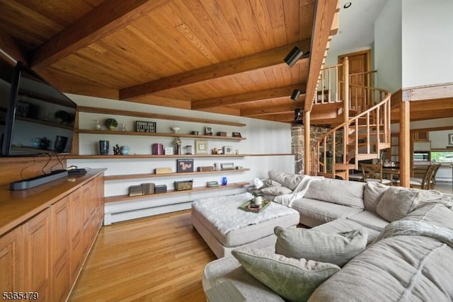 182 Musconetcong River Rd, Lebanon Twp, NJ 07882 - living room featuring light wood-type flooring, a wooden ceiling with exposed beams, and stairs