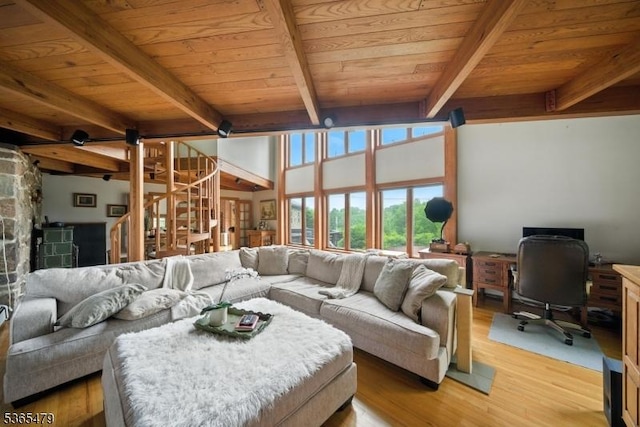 182 Musconetcong River Rd, Lebanon Twp, NJ 07882 - living room featuring an office area, a wood ceiling with exposed beams, light wood-style floors, and stairs