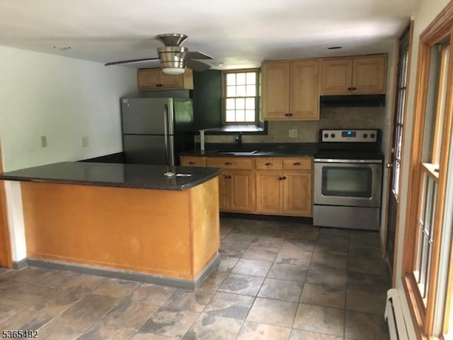 6 Mountain Ave, Mount Olive Twp, NJ 07836 - kitchen with stainless steel appliances, extractor fan, dark countertops, and a ceiling fan