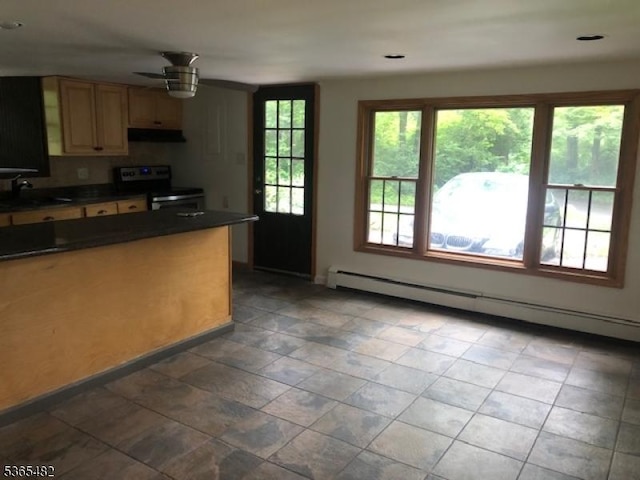 6 Mountain Ave, Mount Olive Twp, NJ 07836 - kitchen featuring range with electric stovetop, a baseboard heating unit, under cabinet range hood, dark countertops, and ceiling fan