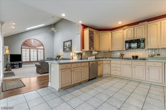 33 Gates Pl, Wayne Twp, NJ 07470 - kitchen featuring black microwave, dishwasher, open floor plan, light tile patterned floors, and a ceiling fan