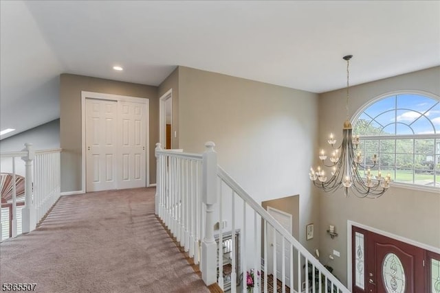33 Gates Pl, Wayne Twp, NJ 07470 - hallway featuring a chandelier, an upstairs landing, carpet, and recessed lighting