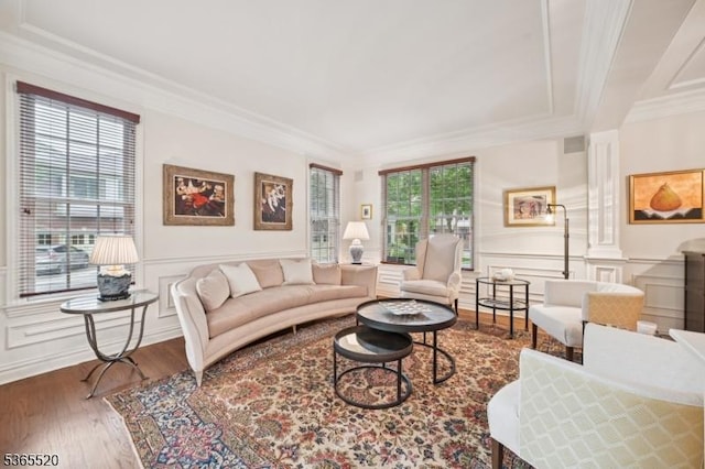 27 Green Way, New Providence Boro, NJ 07974 - living area featuring a decorative wall, ornamental molding, wood finished floors, and a wainscoted wall