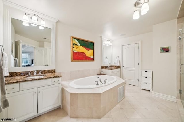 27 Green Way, New Providence Boro, NJ 07974 - full bathroom with a stall shower, a garden tub, vanity, and tile patterned floors