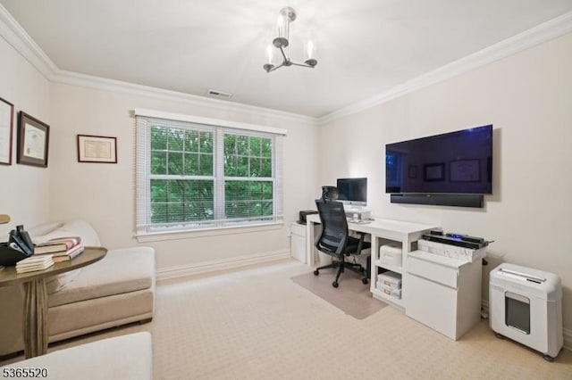 27 Green Way, New Providence Boro, NJ 07974 - office with ornamental molding, light colored carpet, and a chandelier