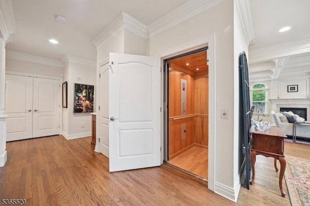 27 Green Way, New Providence Boro, NJ 07974 - hall featuring light wood-type flooring, crown molding, recessed lighting, coffered ceiling, and beam ceiling