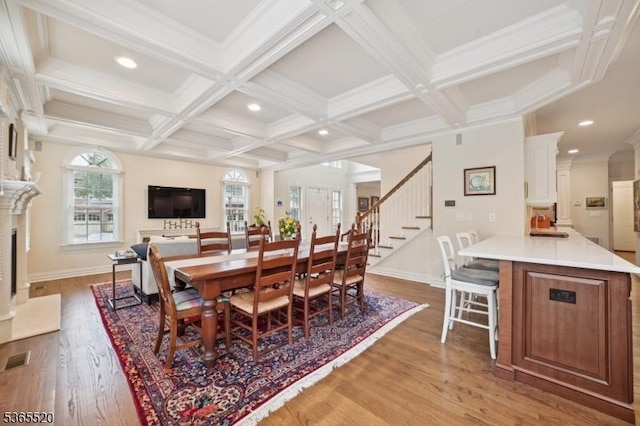27 Green Way, New Providence Boro, NJ 07974 - dining area with stairway, light wood finished floors, beam ceiling, coffered ceiling, and recessed lighting
