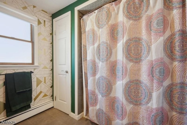 51 Greenbrook Rd, Middlesex Boro, NJ 08846 - full bathroom with baseboard heating, tile patterned flooring, and a shower with shower curtain