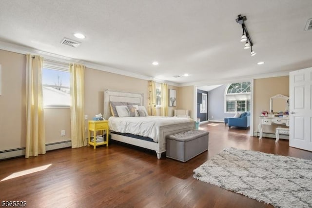 51 Greenbrook Rd, Middlesex Boro, NJ 08846 - bedroom with ornamental molding, dark wood-style flooring, a baseboard heating unit, recessed lighting, and baseboard heating