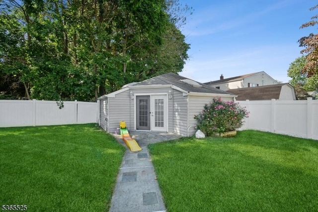 51 Greenbrook Rd, Middlesex Boro, NJ 08846 - back of house with a fenced backyard, french doors, and an outdoor structure