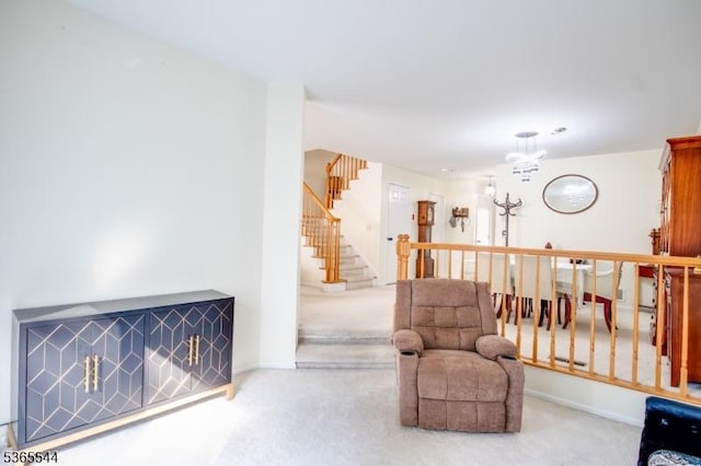 1203 Magnolia Ct, Washington Twp, NJ 07840 - living area featuring carpet floors, a chandelier, and stairway