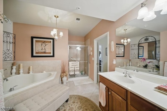 63 Ridgeview Ln, Mount Arlington Boro, NJ 07856 - full bath featuring a chandelier, a garden tub, a shower stall, vanity, and tile patterned floors