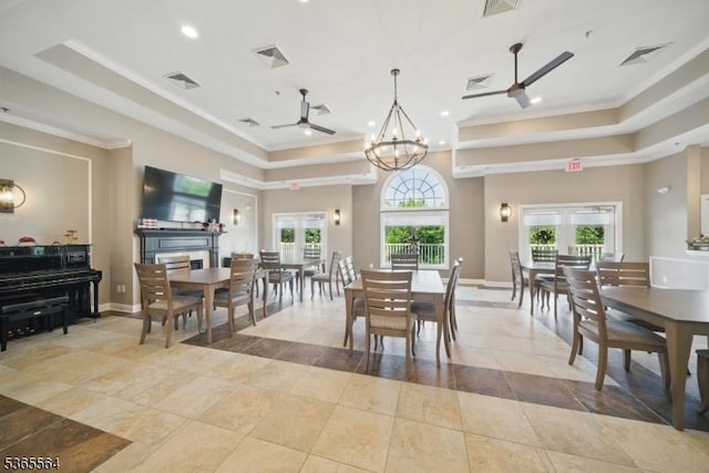63 Ridgeview Ln, Mount Arlington Boro, NJ 07856 - dining room featuring a ceiling fan, ornamental molding, a tray ceiling, tile patterned floors, and recessed lighting