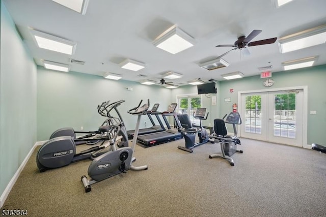 63 Ridgeview Ln, Mount Arlington Boro, NJ 07856 - workout area with french doors, ceiling fan, and carpet floors